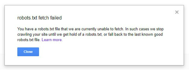 Screenshot of robots.txt fetch failed error in Google Merchant Center